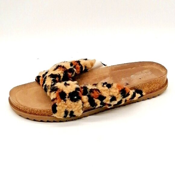Treasure & Bond Womens Criss Cross Strap Slide Slipper Leopard Faux Fur Flat 7M - Picture 1 of 9